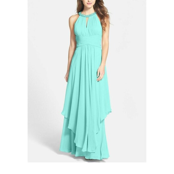 $240 ELIZA J Embellished Tiered Chiffon Halter Gown formal AQUA WHISPER 2 - Picture 1 of 2